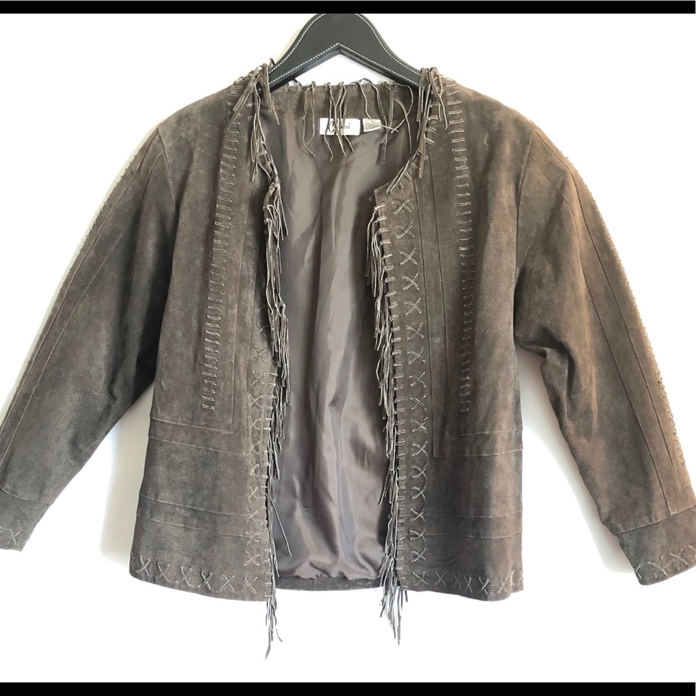 CARDUCCI Boho Suede Fringe Open Jacket Large Brown